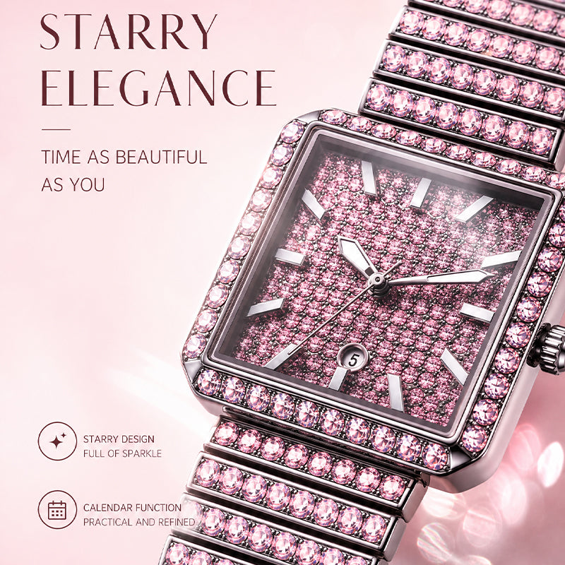 KDW KDW2410 Quartz Watch - Live Edition Luxury Full IPG Gold Crystal Pavé Square Case Iced-Out 20mm Link Bracelet Wristwatch