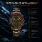 JEMSDUN JSD1838 Live Edition Men's Rainbow Daytona Style Chronograph Quartz Watch - 40mm Gold Case Rainbow Baguette Crystal Bezel Black Dial Metal Band Wristwatch
