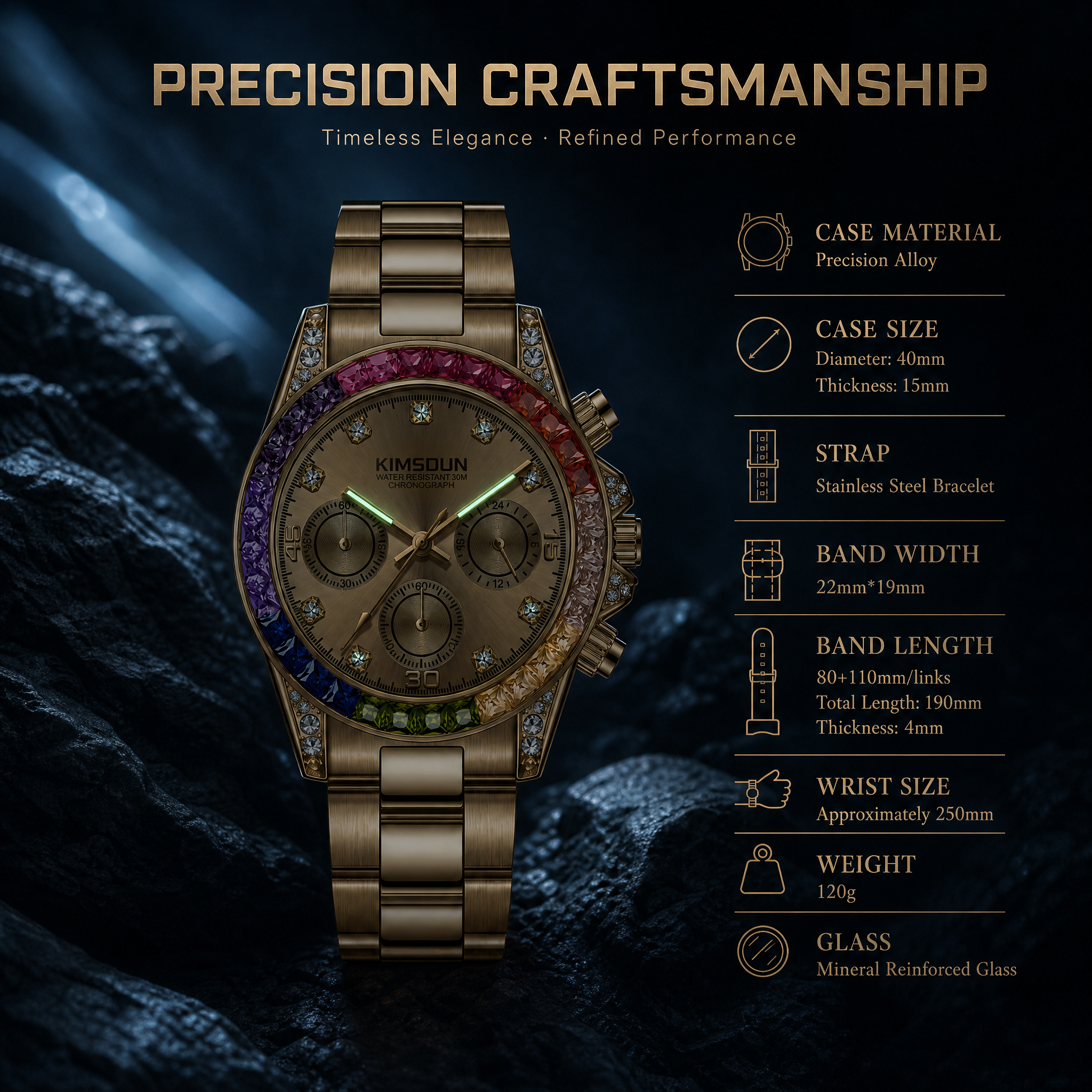 JEMSDUN JSD1838 Live Edition Men's Rainbow Daytona Style Chronograph Quartz Watch - 40mm Gold Case Rainbow Baguette Crystal Bezel Black Dial Metal Band Wristwatch