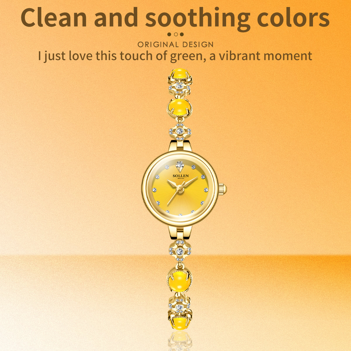 Sollen SL476 Quartz Watch - Women's Gold Yellow Chalcedony Jewelry Bracelet Genuine Diamond Wristwatch