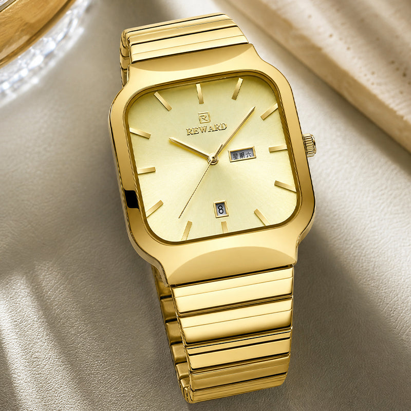 REWARD RD 611264M Quartz Watch - Live Edition Men's Retro TV-Shaped Full IPG Gold Stainless Steel Band Separated Day-Date Sunburst Dial Wristwatch