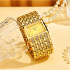 LX1044 Quartz Watch - Live Edition Luxury Horizontal Rectangular Gold Case Dual-Row Crystal Accent Bezel 31mm Wide Link Bracelet Wristwatch