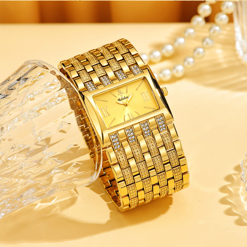 LX1044 Quartz Watch - Live Edition Luxury Horizontal Rectangular Gold Case Dual-Row Crystal Accent Bezel 31mm Wide Link Bracelet Wristwatch