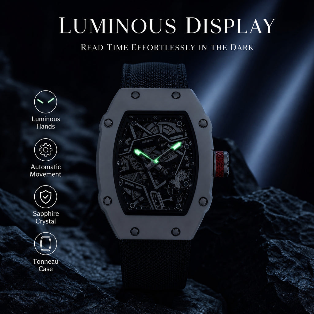 JEMSDUN JSD915 Live Edition Unisex High-Street Tonneau Quartz Watch - 38x48mm Carbon Pattern Case Mechanical Skeleton Dial Hook-and-Loop Nylon Strap Wristwatch