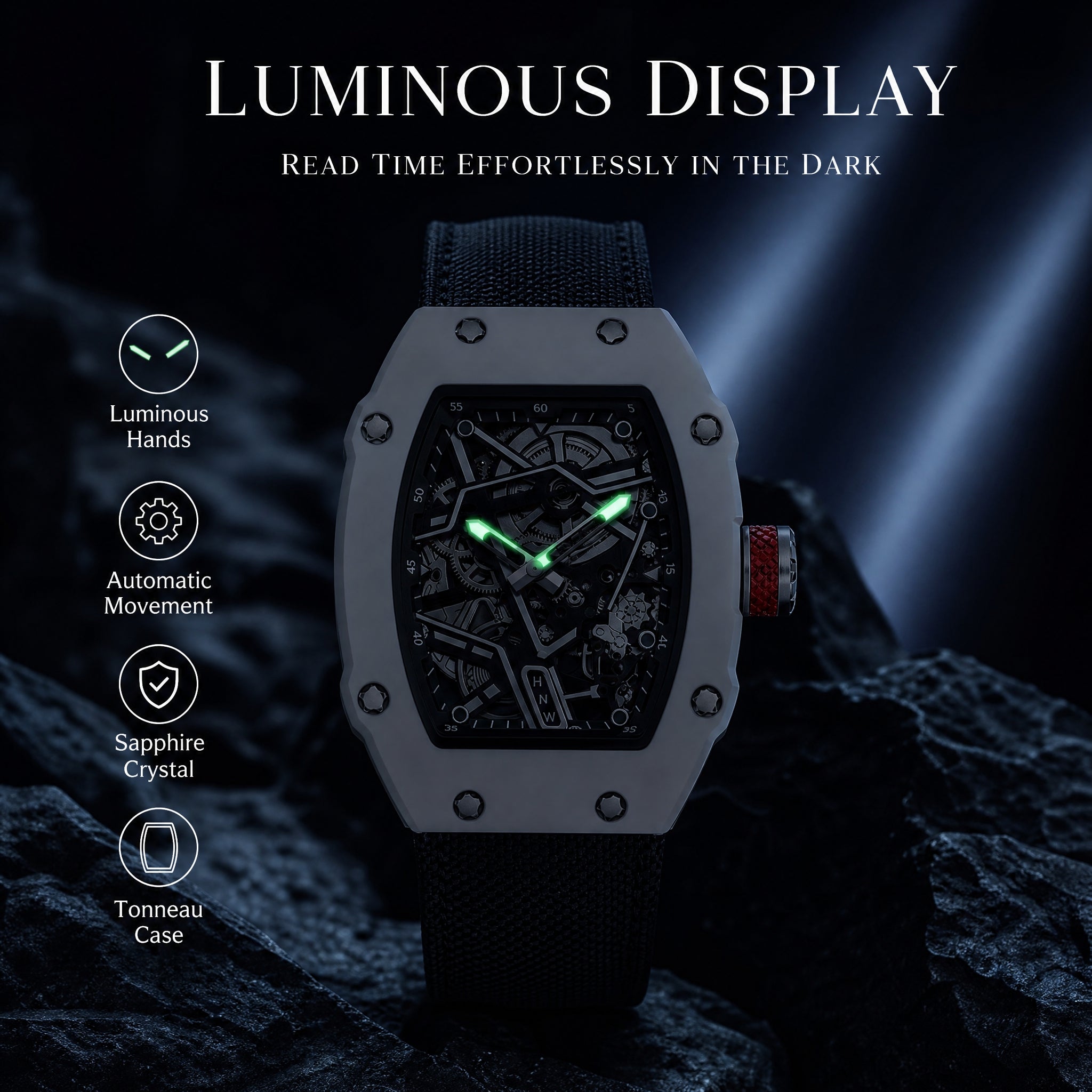 JEMSDUN JSD915 Live Edition Unisex High-Street Tonneau Quartz Watch - 38x48mm Carbon Pattern Case Mechanical Skeleton Dial Hook-and-Loop Nylon Strap Wristwatch