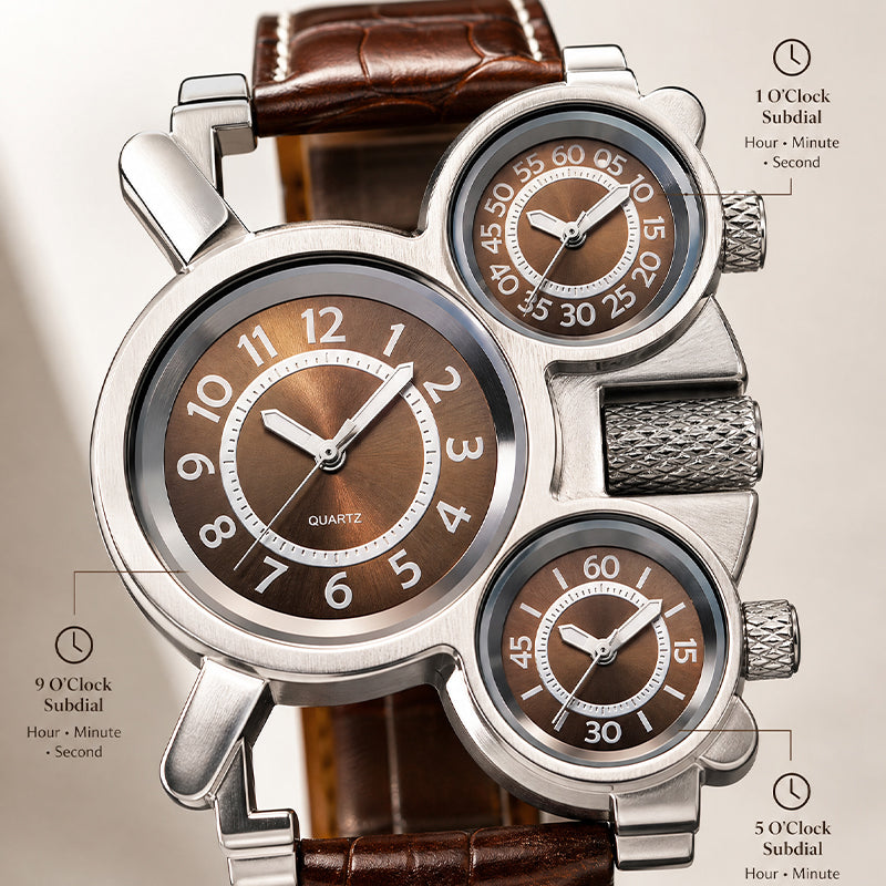 Oulm HP1167 Quartz Watch - Live Edition Men's Heavy Steampunk Triple Time Zone Industrial Silver Case Luminous Hands Leather Strap Tactical Wristwatch