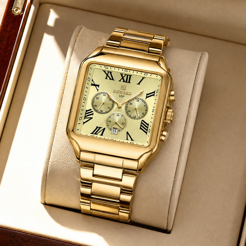 REWARD RD 812265M Quartz Watch - Live Edition Men's Luxury Square Case Full IPG Gold Roman Numerals Chronograph Luminous Hands Date Stainless Steel Band Wristwatch