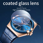 Sollen 9065 Automatic Watch - Men's Dress 12 Bar Marker Date Blue Sunray Dial Genuine Leather Strap Wristwatch