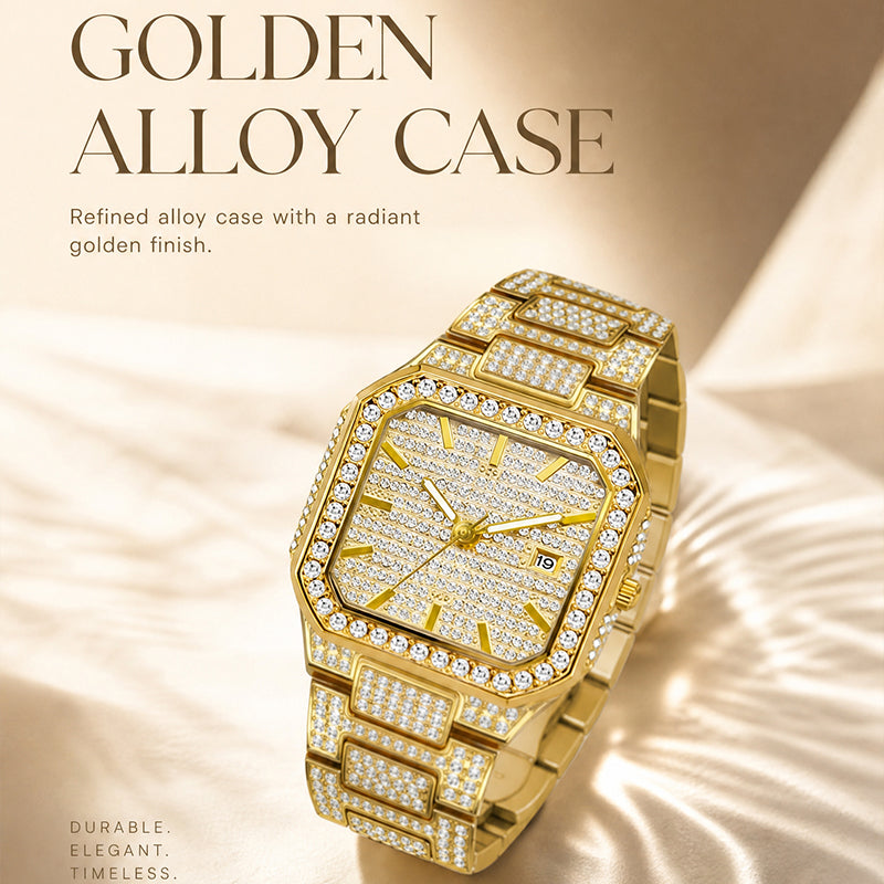 BELBI BELBL-8223 Live Edition Men's Iced Out Watch - Luxury Full Crystals Encrusted Octagonal Case Pave Dial Date Window Metal Band Hiphop Wristwatch
