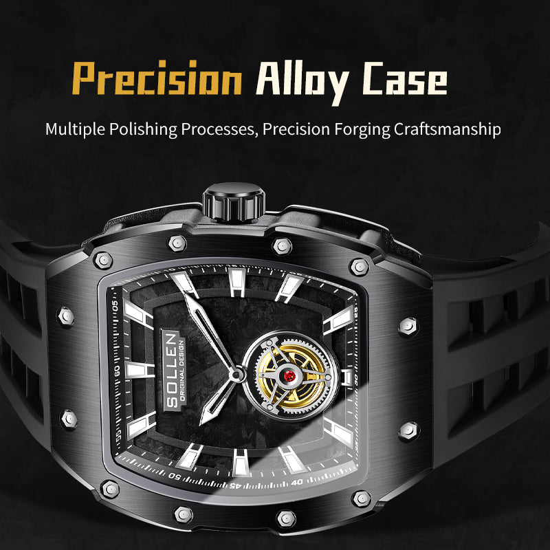 Sollen SL727 Quartz Watch - Men's Tonneau Case 3D Textured Dial Performance Silicone Strap Wristwatch