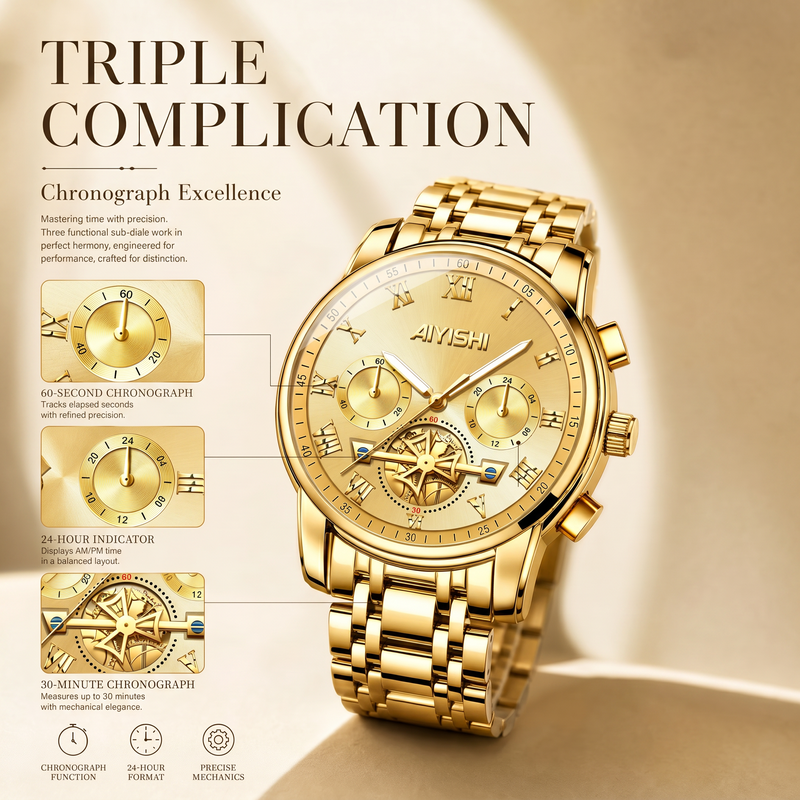 AIYISHI ASY2316 Quartz Watch - Live Edition Men's Luxury 41mm Flywheel Mechanical Style Face Luminous Hands Steel Link Bracelet Wristwatch
