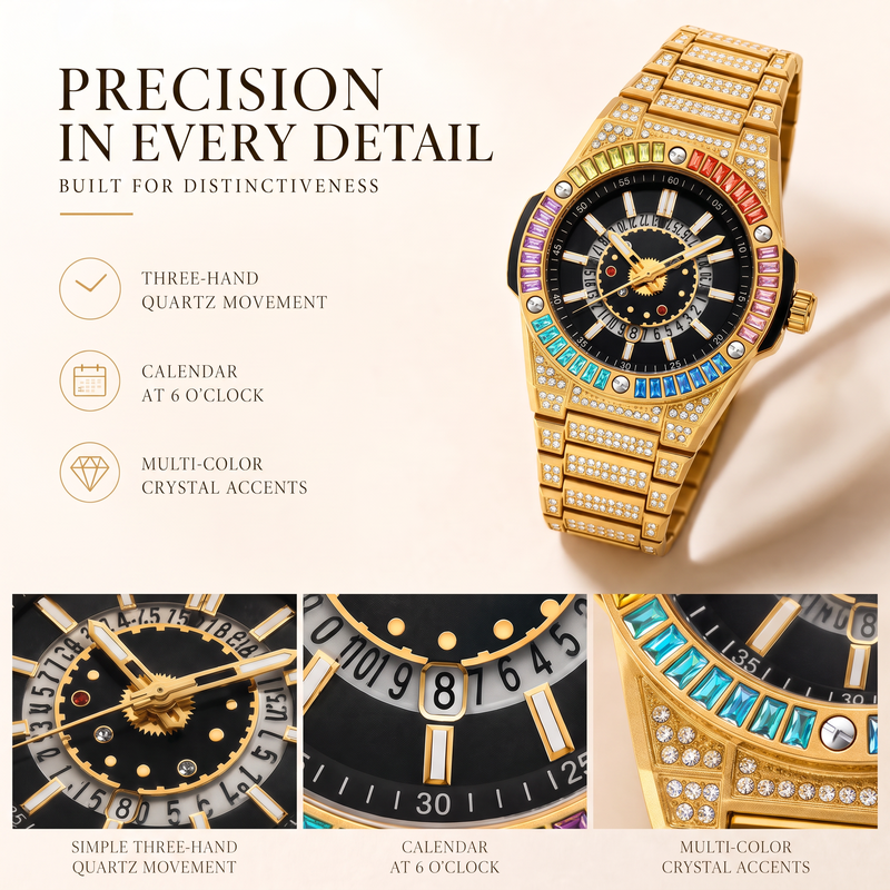 RKS RKS1159 Live Edition Men's Iced Out Watch - Luxury Rainbow Baguette Crystal Bezel Pave Dial Luminous Hands 6H Date Metal Band Hiphop Wristwatch