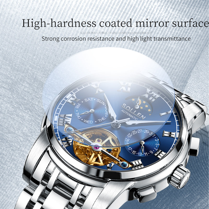 Sollen SL804 Multi-Function Watch - Men's Open-Heart Moonphase Sunburst Dial 7-Bead Stainless Steel Bracelet Wristwatch