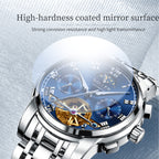 Sollen SL804 Multi-Function Watch - Men's Open-Heart Moonphase Sunburst Dial 7-Bead Stainless Steel Bracelet Wristwatch