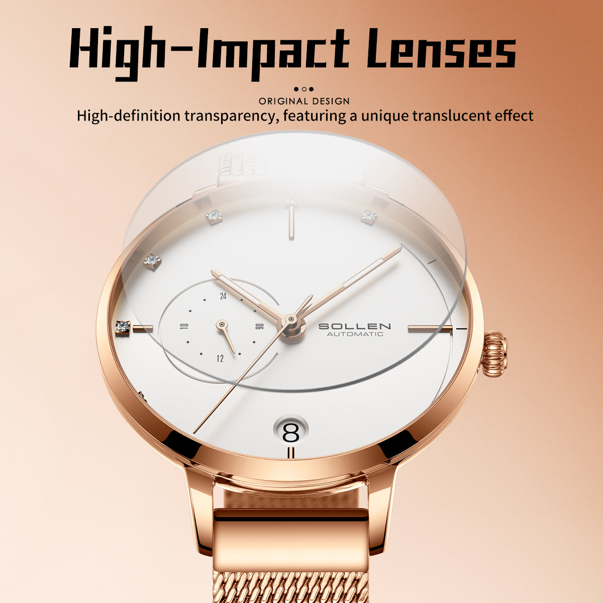 Sollen SL416 Women's Automatic Mechanical Watch - 36mm Stainless Steel Case Slim 9.9mm 24-Hour Subdial Date Mesh Bracelet Wristwatch
