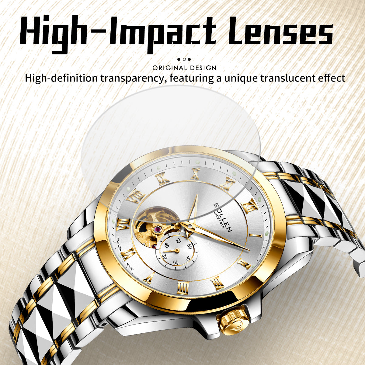 Sollen 9060 Automatic Watch - Men's Executive Open-Heart Flywheel Small Seconds 7-Bead Stainless Steel Bracelet Wristwatch