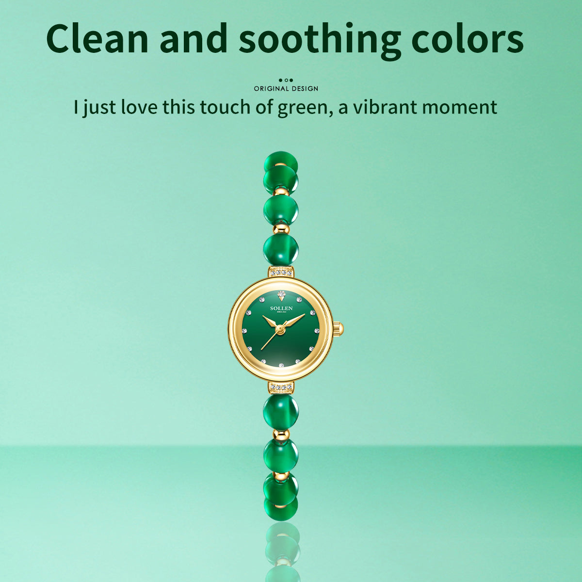 Sollen SL475 Quartz Watch - Women's Gold Green Chalcedony Beaded Bracelet Genuine Diamond Wristwatch