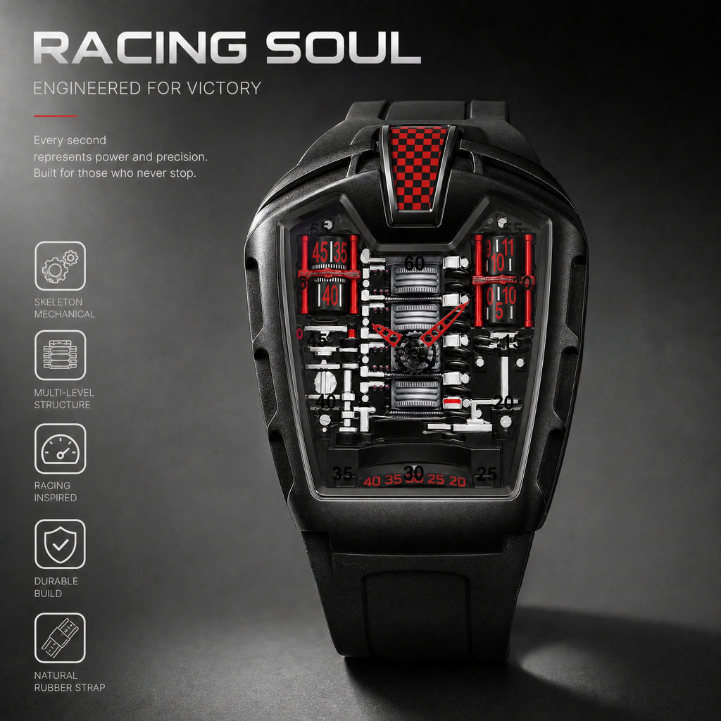 JEMSDUN JSD724 Live Edition Men's Futuristic Racing Engine Quartz Watch - 50x43mm Rose Gold Case V8 Engine Cylinder Dial Bullhead Crown Silicone Strap Wristwatch