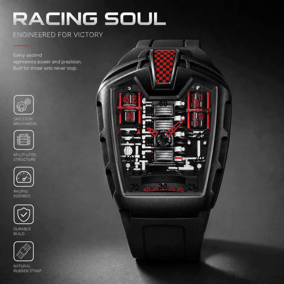 JEMSDUN JSD724 Live Edition Men's Futuristic Racing Engine Quartz Watch - 50x43mm Rose Gold Case V8 Engine Cylinder Dial Bullhead Crown Silicone Strap Wristwatch