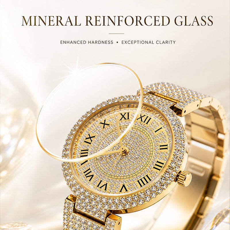 MISSFOX V377L Live Edition Men's Fully Iced Out Quartz Watch - 44mm Case Roman Numerals Pave Diamond Dial Coated Glass Metal Band Wristwatch