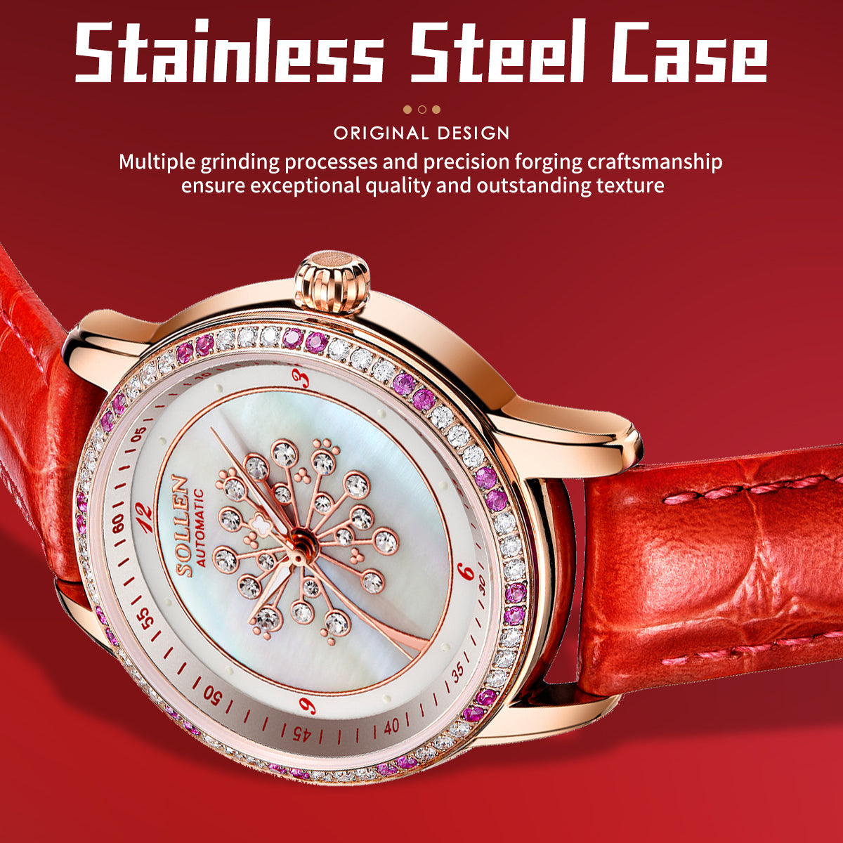 Sollen SL408 Women's Dandelion Skeleton Automatic Watch - 35mm Crystal Bezel Mother of Pearl Dial Leather Strap Wristwatch
