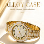 BELBI BELBL-8242 Live Edition Men's Iced Out Watch - Luxury Full Crystals Encrusted Roman Numerals Gold Dial Date Window Metal Band Hiphop Wristwatch