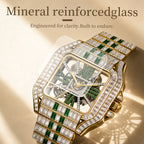 PRECIOUS 8208 Live Edition Men's Iced Out Watch - Luxury Baguette Crystals Encrusted Square Case Fully Skeleton See Through Dial Metal Band Hiphop Wristwatch