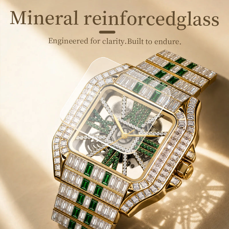 PRECIOUS 8208 Live Edition Men's Iced Out Watch - Luxury Baguette Crystals Encrusted Square Case Fully Skeleton See Through Dial Metal Band Hiphop Wristwatch