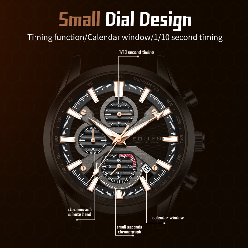 Sollen SL725 Chronograph Watch - Men's All-Black Case Multi-Function Stainless Steel Link Bracelet Wristwatch