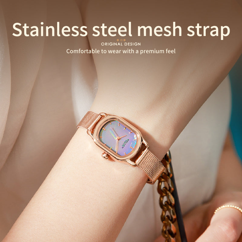 Sollen SL425 Women's Oval Holographic Quartz Watch - 20x26mm Rainbow Dial Rose Gold Mesh Bracelet Wristwatch