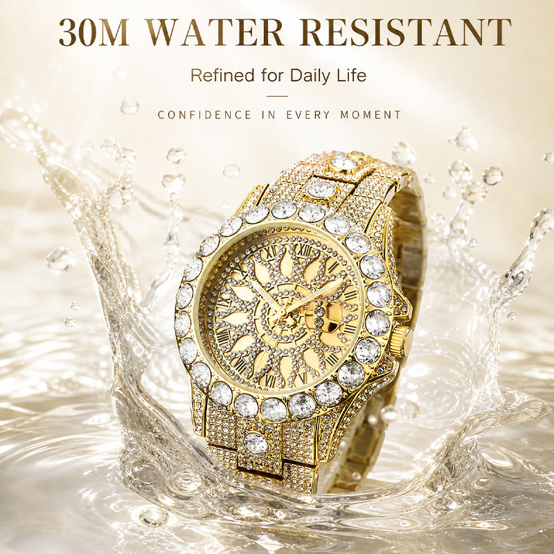 MISSFOX V380L Live Edition Men's Iced Out Watch - Luxury Large Crystal Bezel Pave Roman Numerals Dial Date Window Metal Band Hiphop Wristwatch