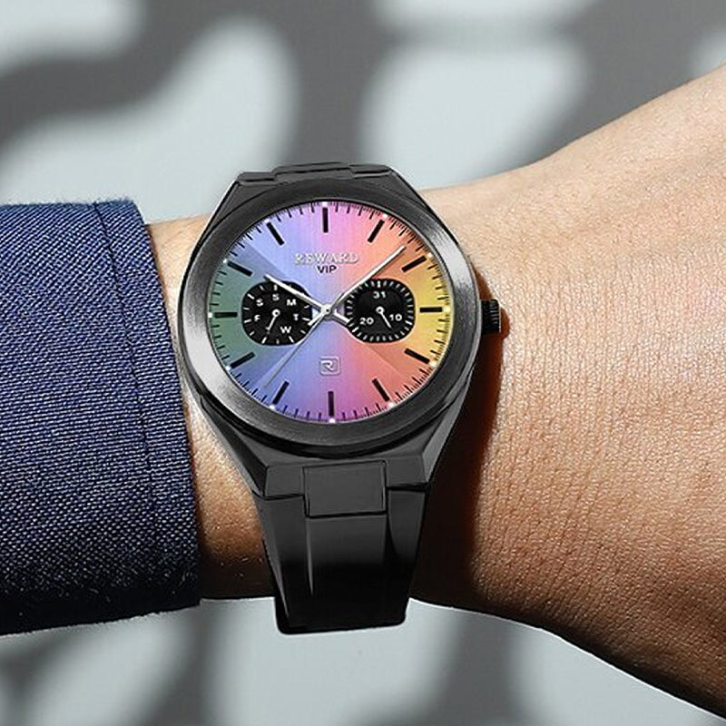 REWARD RD 932106M Quartz Watch - Live Edition Men's Ultra-Slim 8.7mm Case Dual Calendar Sub-Dials Luminous Hands Gradient Rainbow Dial Sport Silicone Strap Wristwatch
