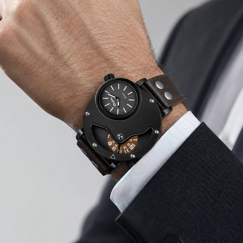 Oulm HP9591 Quartz Watch - Live Edition Men's Heavy Steampunk Dual Time Zone Industrial Black Case Luminous Hands Wide Leather Strap Tactical Wristwatch