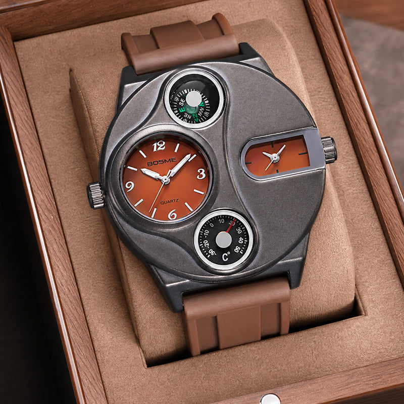 BOSME HP9167 Quartz Watch - Live Edition Men's Heavy Steampunk Dual Time Zone Industrial Black Case Luminous Hands Compass Silicone Strap Tactical Wristwatch