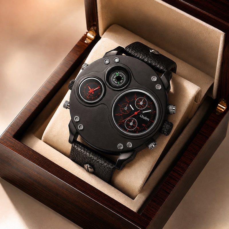 Oulm HP3741 Live Edition Men's Tactical Watch - Cyberpunk Multi Time Zone Dual Movement Oversized Round Armor Case with Built-in Compass Sport Wristwatch