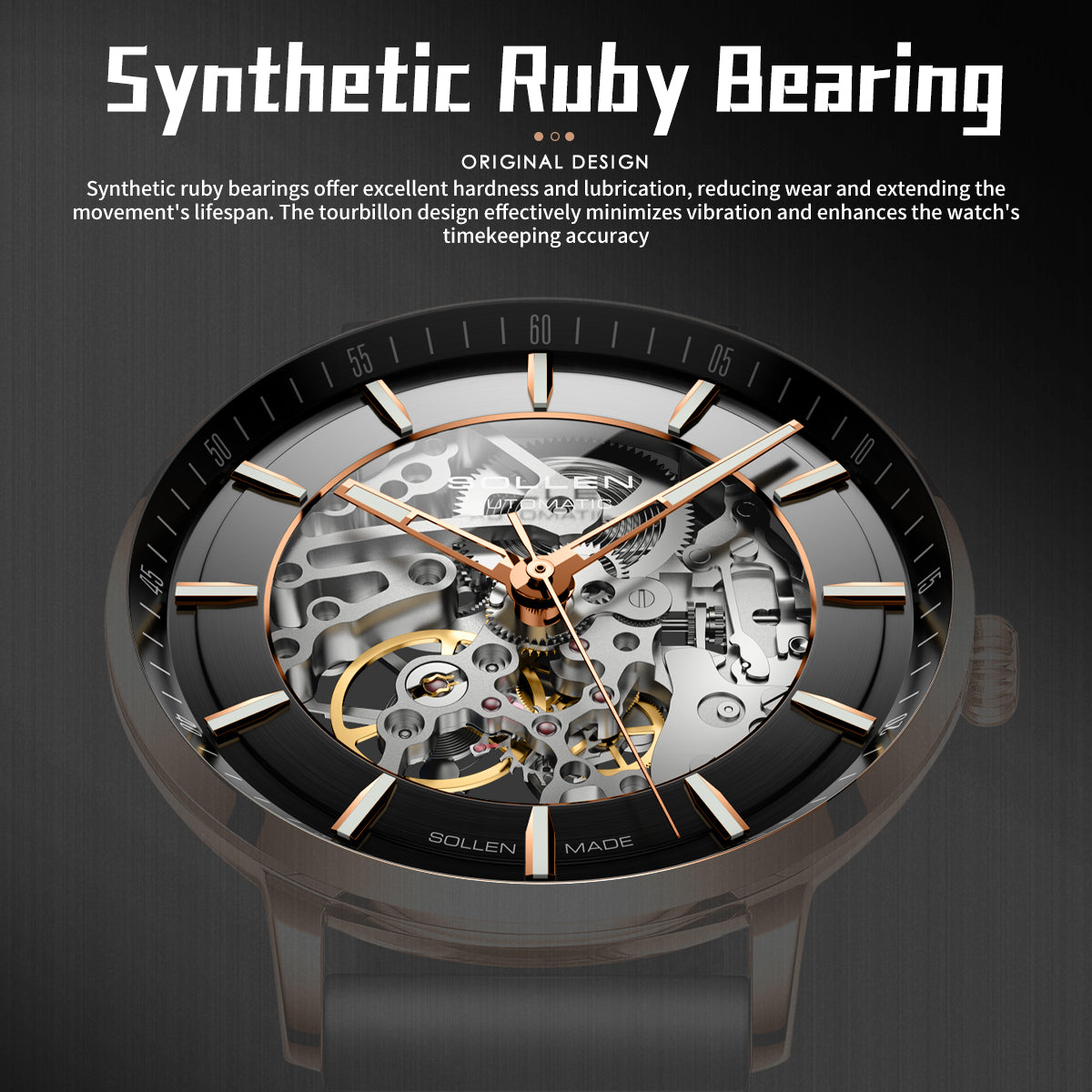 Sollen SL359 Men's Open Heart Full Skeleton Automatic Mechanical Watch - 42mm Stainless Steel Case Slim 9.9mm Luminous Markers Mesh Bracelet Wristwatch
