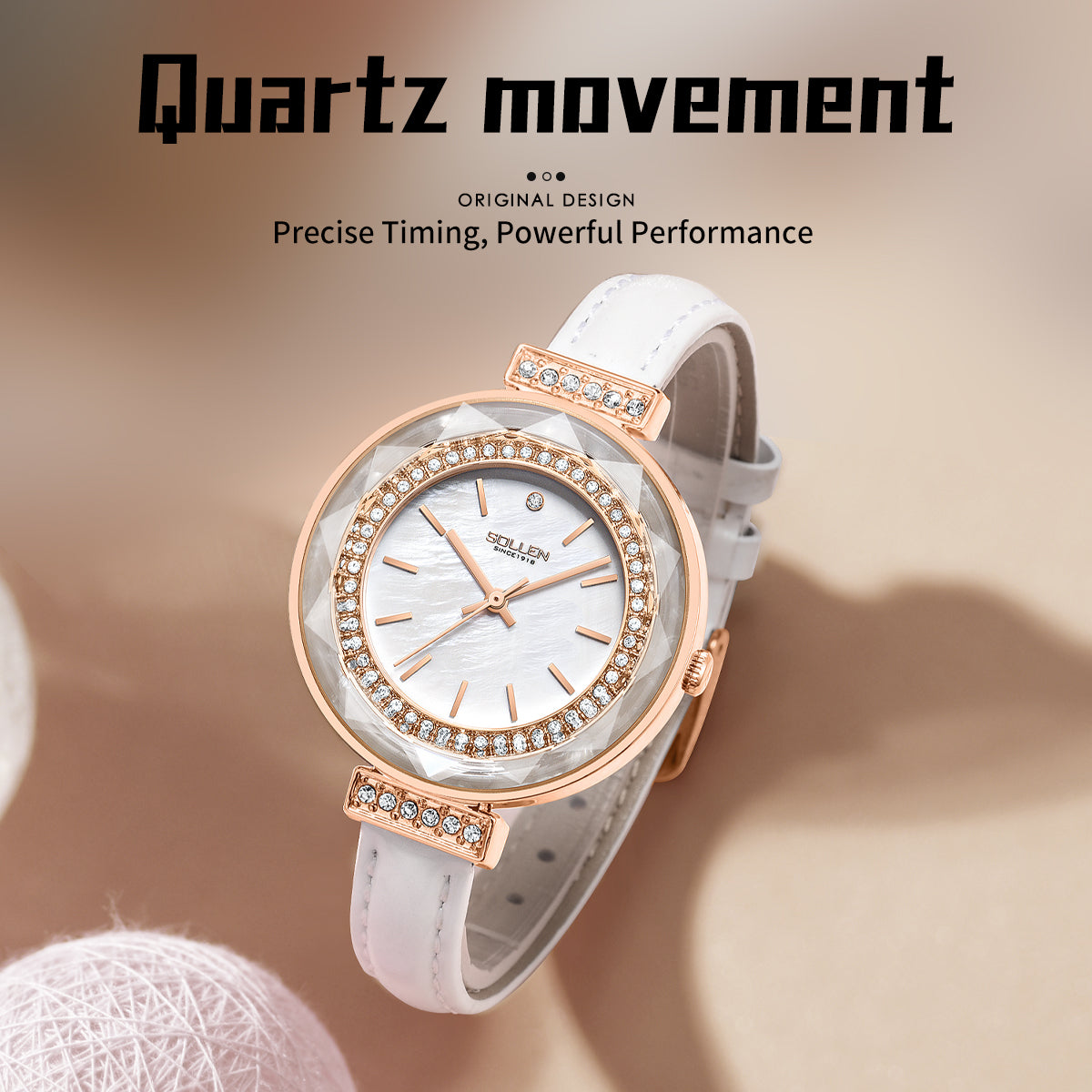Sollen SL427 Women's Quartz Watch - 35mm Crystal Bezel Mother of Pearl Dial Swarovski Zirconia Genuine Leather Strap Wristwatch