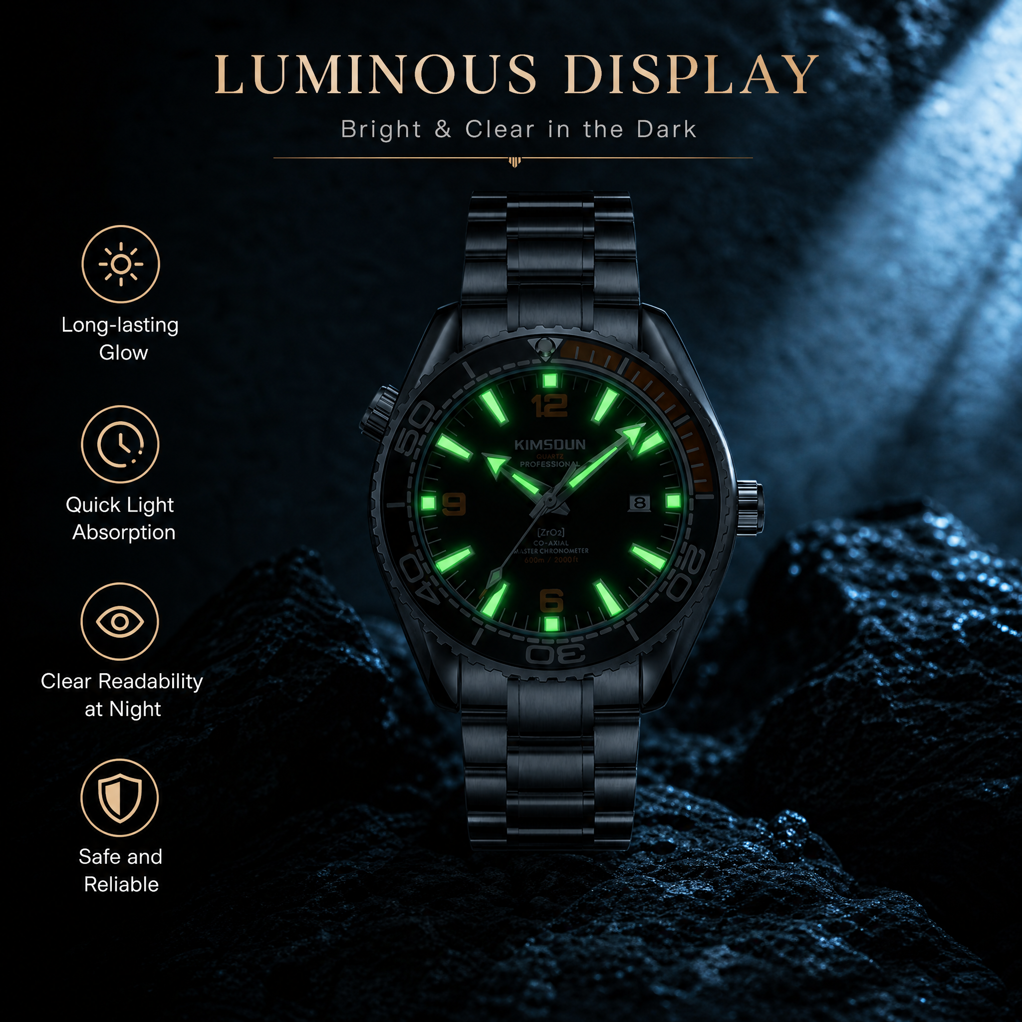 JEMSDUN JSD1803 Live Edition Men's Planet Ocean Style Diver Quartz Watch - 44mm Silver Case Orange & Black Bezel Luminous Dial 3H Date Metal Band Wristwatch