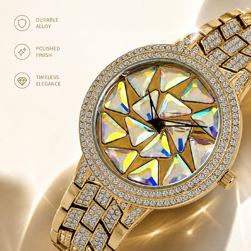 BELBI BELBL-9188 Live Edition Women's Fashion Watch - Luxury Full Crystals Encrusted Bezel Creative Geometric Prism Mosaic Dial Metal Band Wristwatch