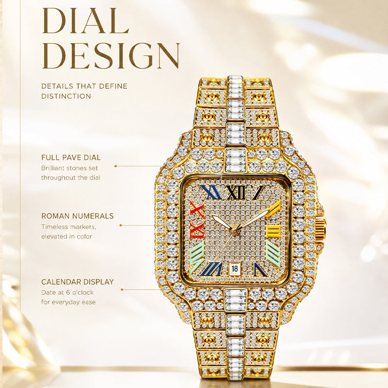 BELBI BELBL-8238 Live Edition Men's Iced Out Watch - Luxury Large Crystal Bezel Pave Dial Rainbow Roman Numerals 6H Date Metal Band Hiphop Wristwatch
