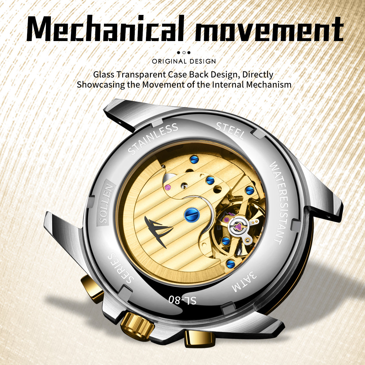 Sollen SL809 Multi-Function Watch - Men's Moonphase Sunray Dial Luminous Markers 3-Bead Stainless Steel Bracelet Wristwatch