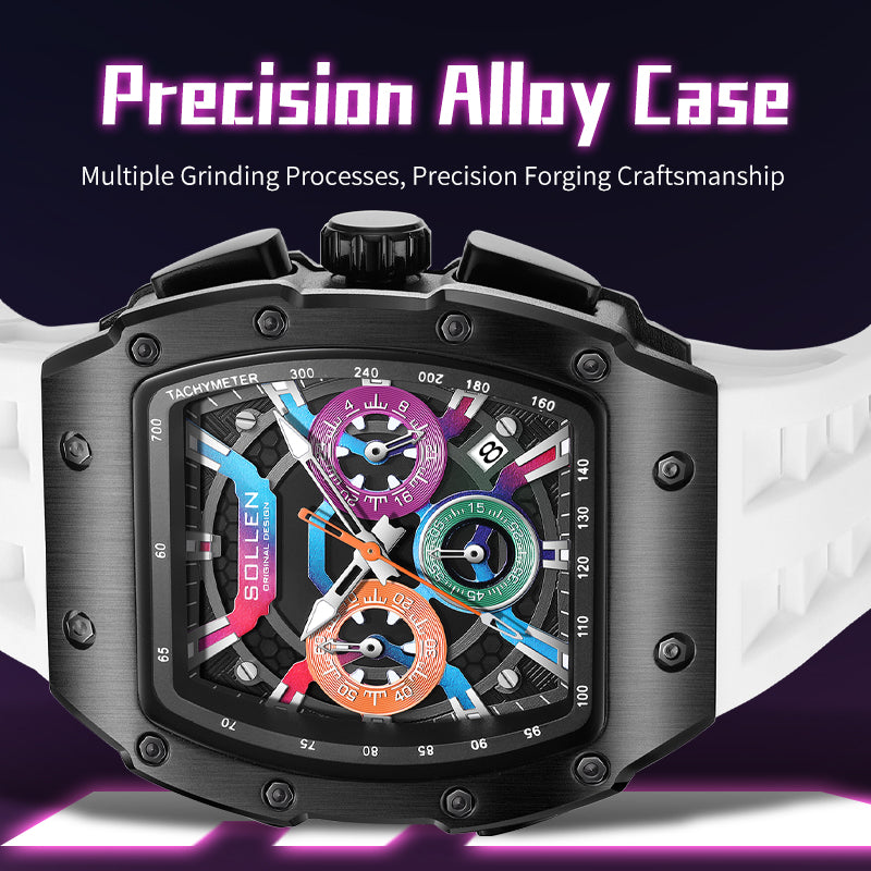 Sollen SL728 Chronograph Watch - Men's Tonneau Case Multi-Color Dial Performance Silicone Strap Wristwatch