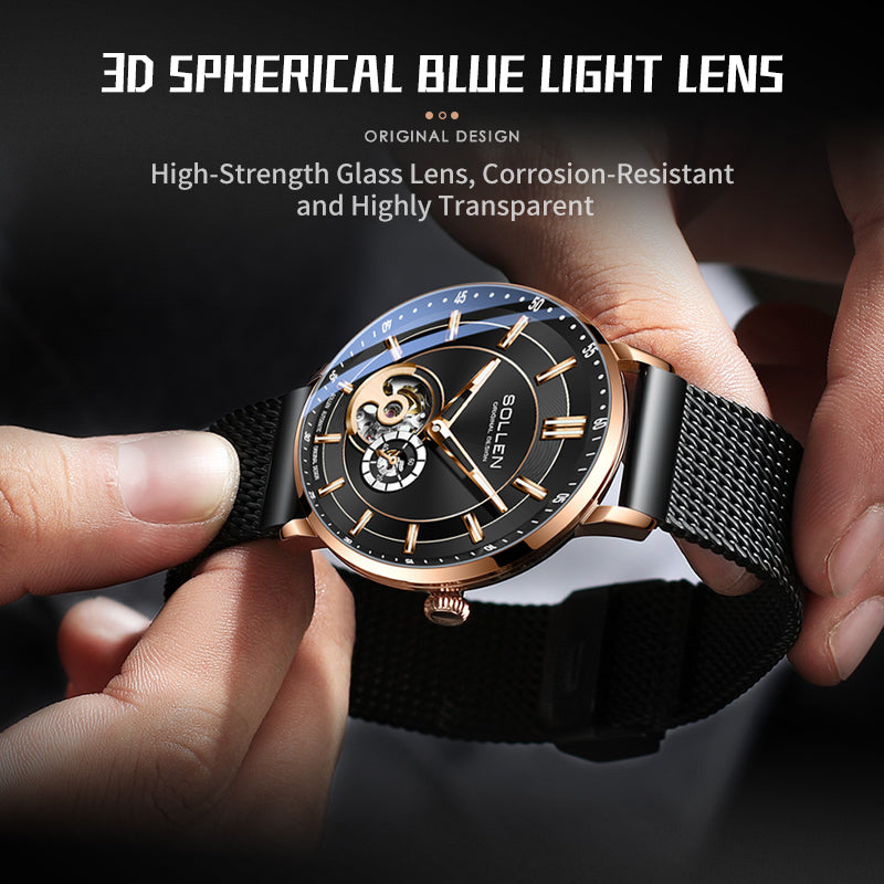 Sollen SL365 Men's Open Heart Automatic Mechanical Watch - 42mm Stainless Steel Case Slim 9.9mm Miyota 82S5 Movement Small Seconds Mesh Bracelet Wristwatch