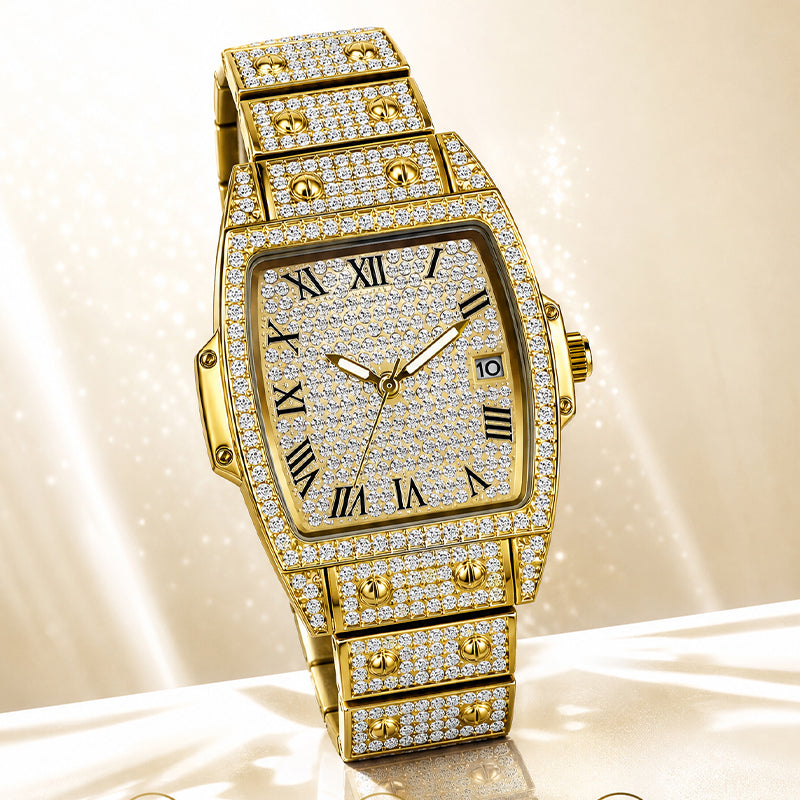 BELBI BELBL-8246 Live Edition Men's Iced Out Watch - Luxury Full Crystals Encrusted Tonneau Case Pave Dial Eastern Arabic Numerals 3H Date Metal Band Hiphop Wristwatch