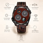 Oulm HP9139 Quartz Watch - Live Edition Men's Heavy Steampunk Dual Time Zone Industrial Black Case Luminous Hands Compass Leather Strap Tactical Wristwatch