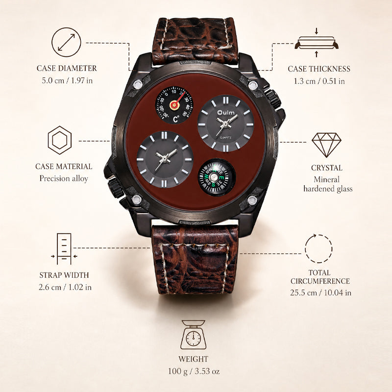 Oulm HP9139 Quartz Watch - Live Edition Men's Heavy Steampunk Dual Time Zone Industrial Black Case Luminous Hands Compass Leather Strap Tactical Wristwatch