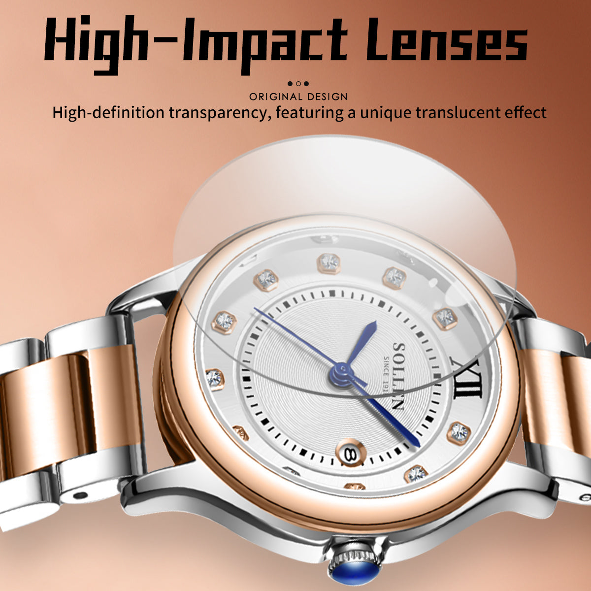 Sollen SL469 Women's Quartz Watch - 33mm Dial 11 Zirconia Markers Blue Sword Hands Two-Tone Stainless Steel Bracelet Wristwatch