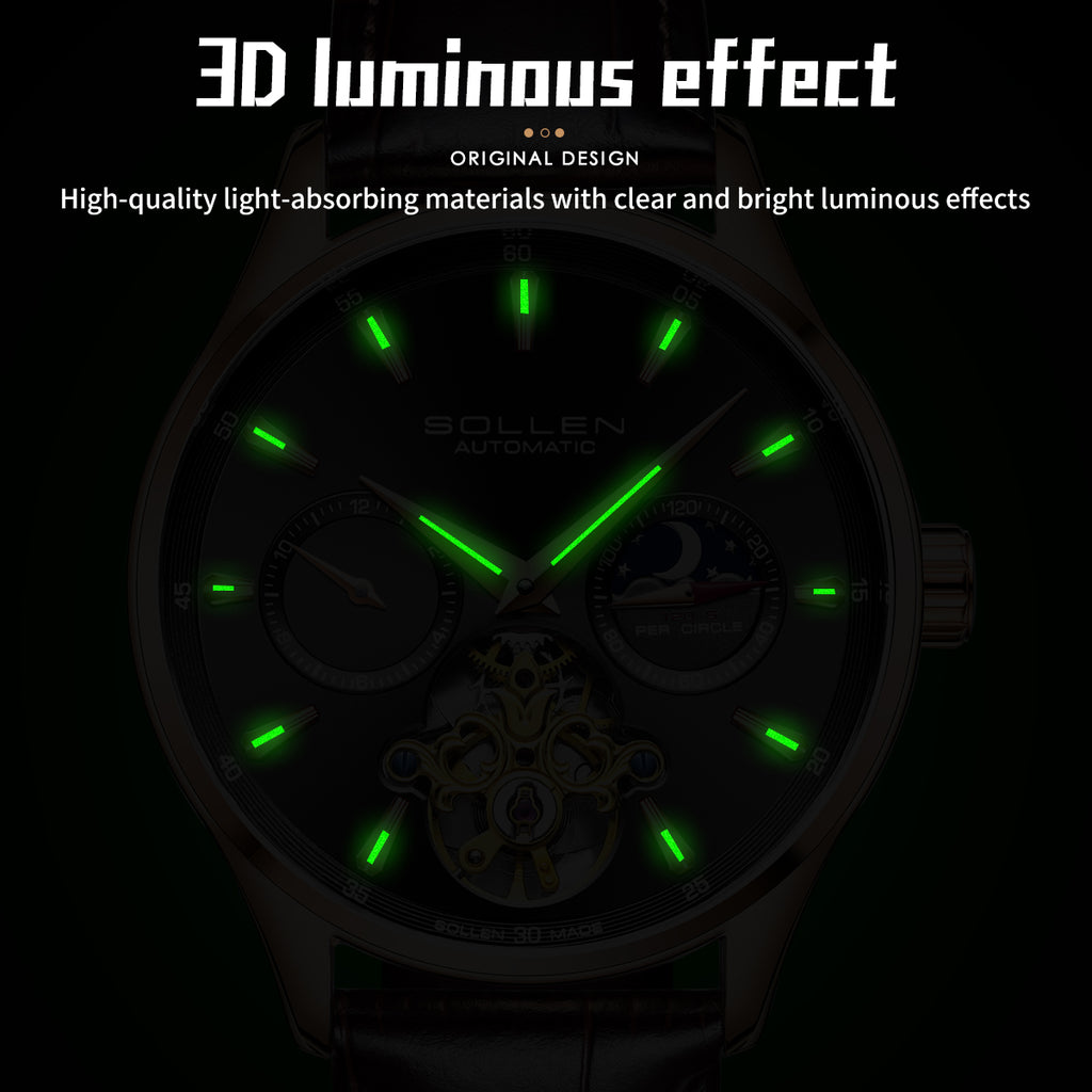 Sollen SL306 Men's Open Heart Automatic Mechanical Watch - 41mm Stainless Steel Case Moon Phase Dual Time Luminous Dial Wristwatch