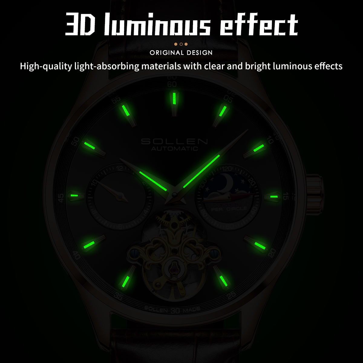 Sollen SL306 Men's Open Heart Automatic Mechanical Watch - 41mm Stainless Steel Case Moon Phase Dual Time Luminous Dial Wristwatch