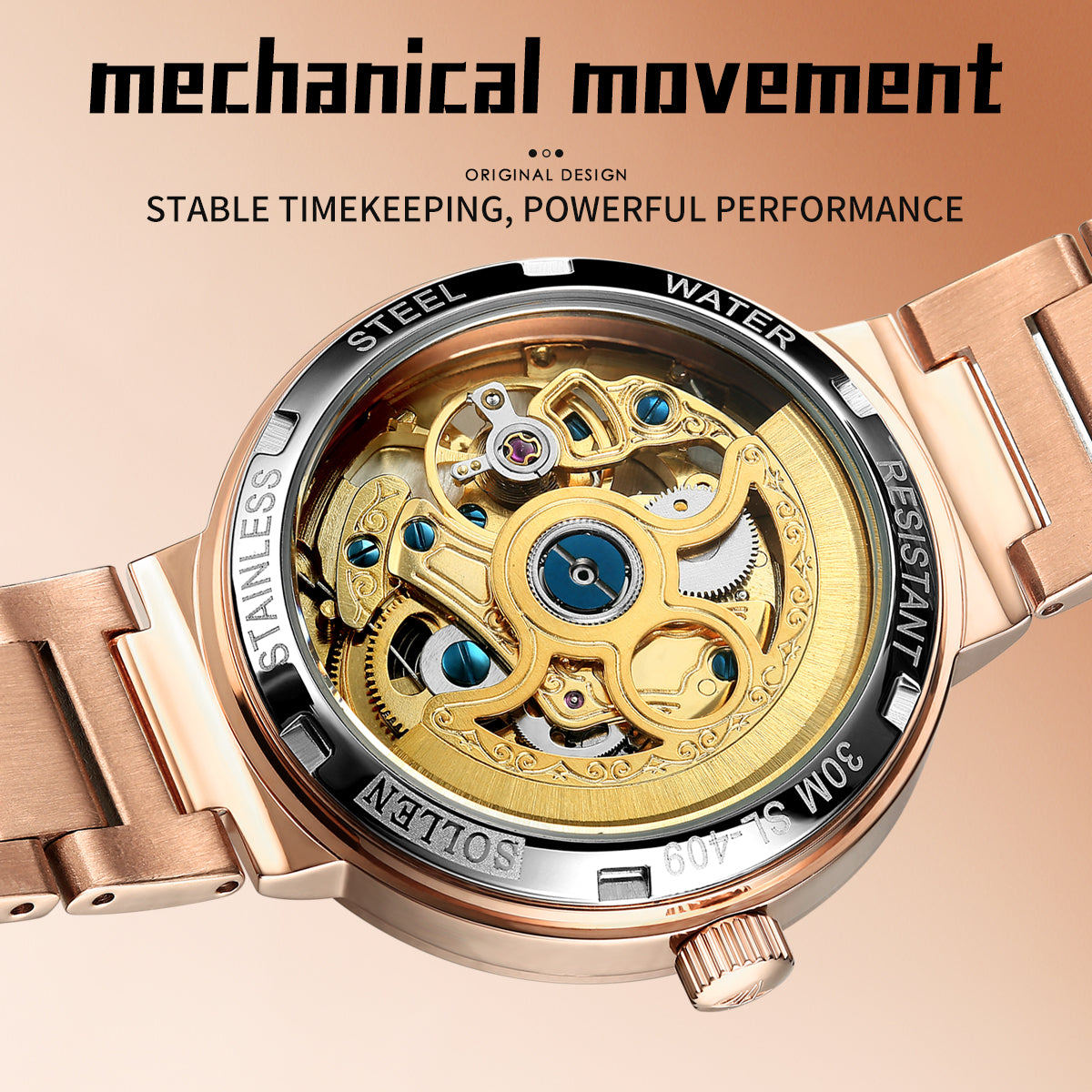 Sollen SL409 Women's Minimalist Automatic Mechanical Watch - 34mm Crystal Bezel Sandblasted Dial Stainless Steel Bracelet Wristwatch